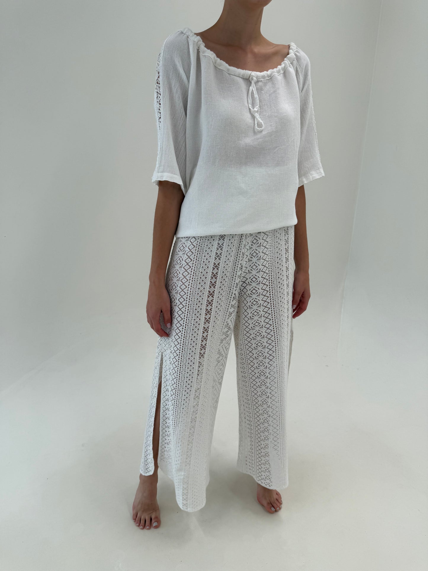Pantaloni palazzo din macrame subțirel de bumbac cu talie ultra înaltă