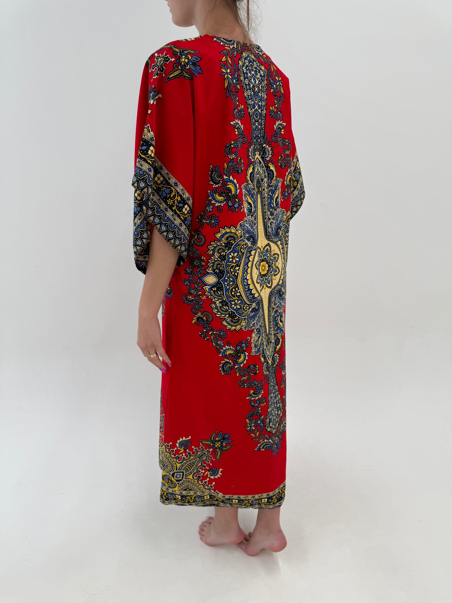 Kaftan maxi din canvas de bumbac cu print manual în culori tari