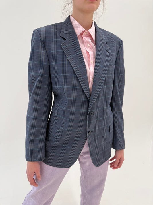 Sacou vintage Valentino în carouri fine turcoaz și powder Pink in croi actual
