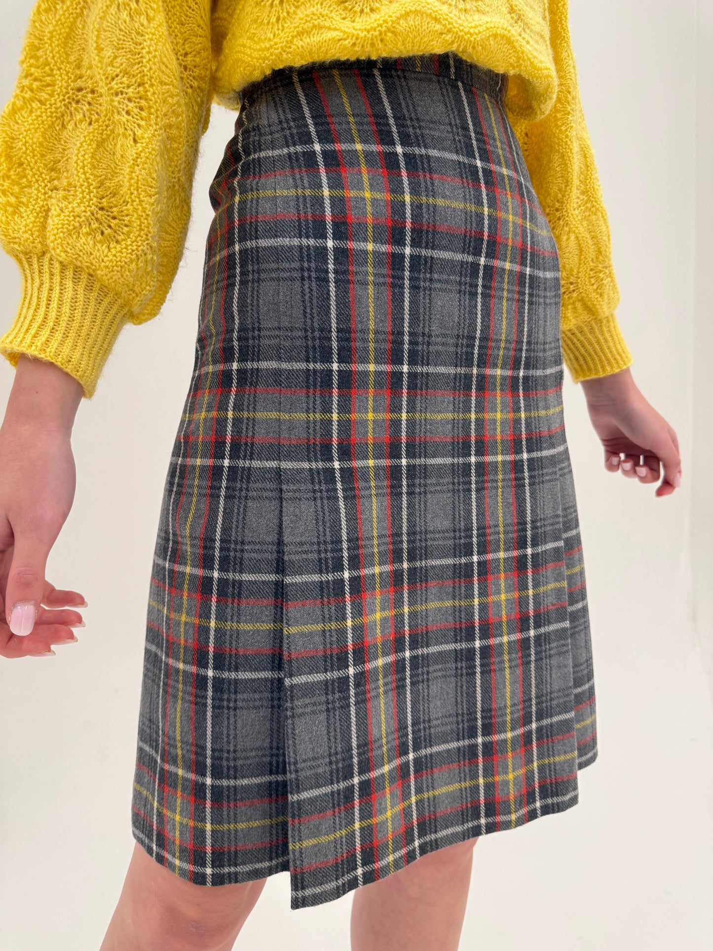 Fustă vintage plisată din Tartan de lana în combinație clasică de culori