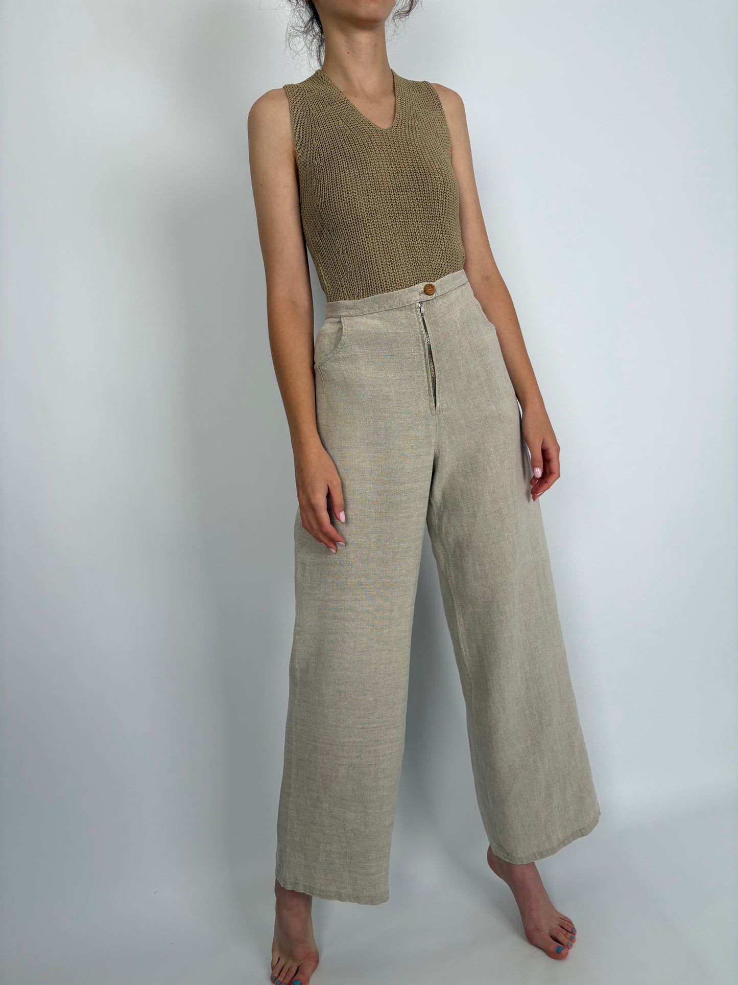 Pantaloni vintage palazzo warm gray din pânză grea de excepționala de in