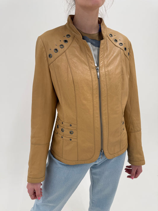 Geacă biker camel din piele naturală extrem de moale cambrata
