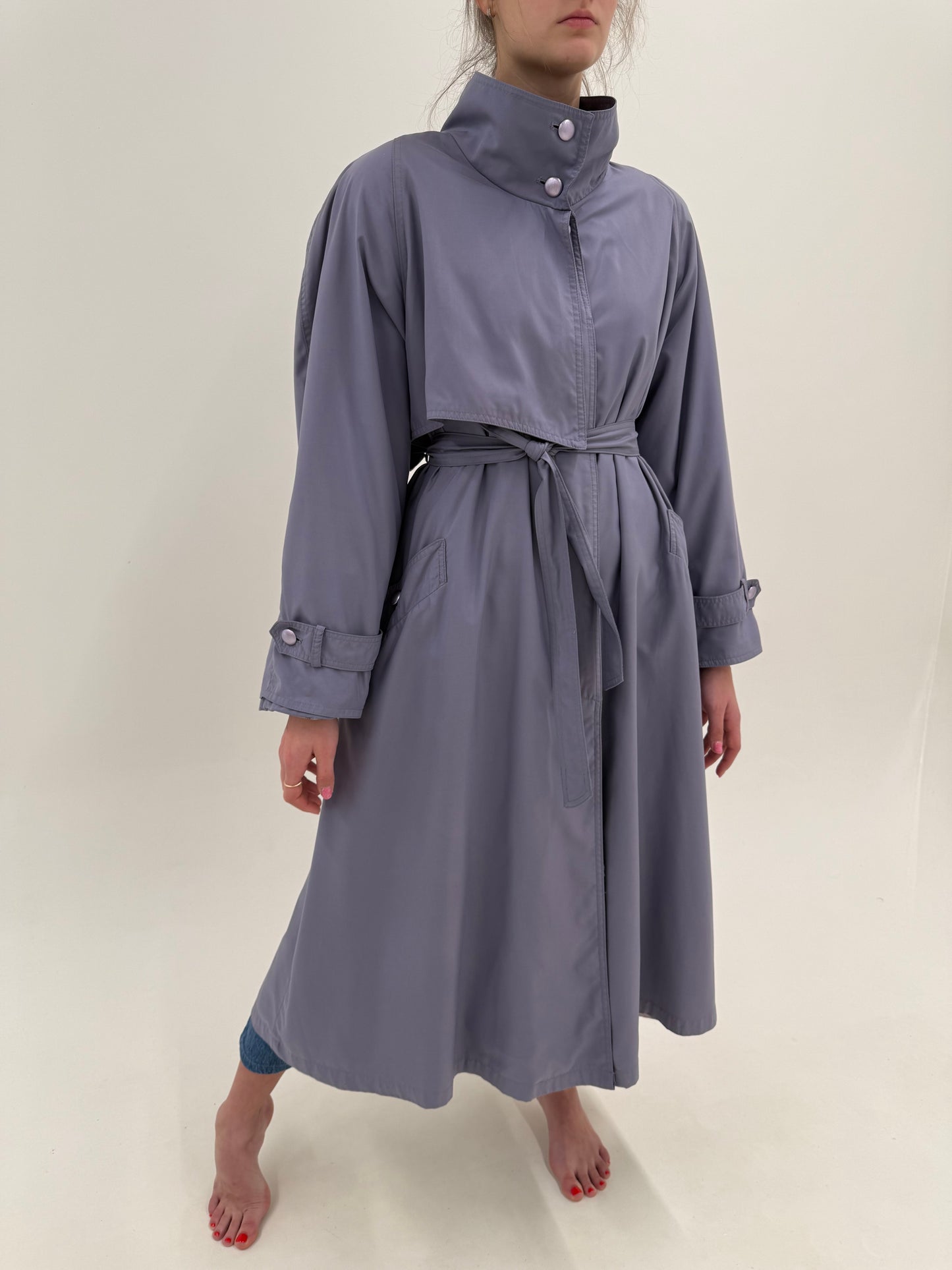 Trench vintage dusty lavender în croi super lung cu talie ultra înaltă reglabilă