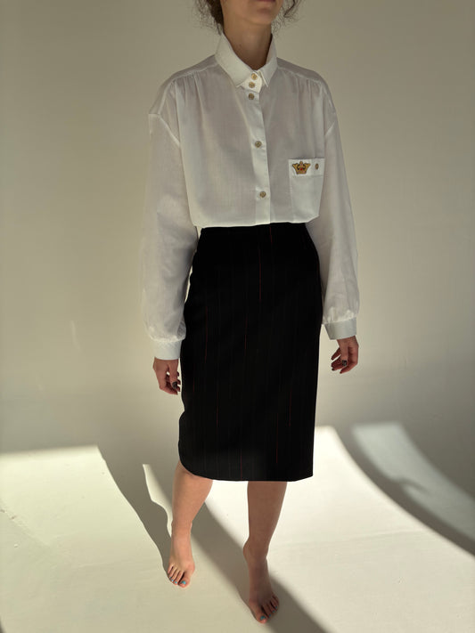 Fustă de brand luxury Les Copains din lana neagră cu dungi fine cherry red