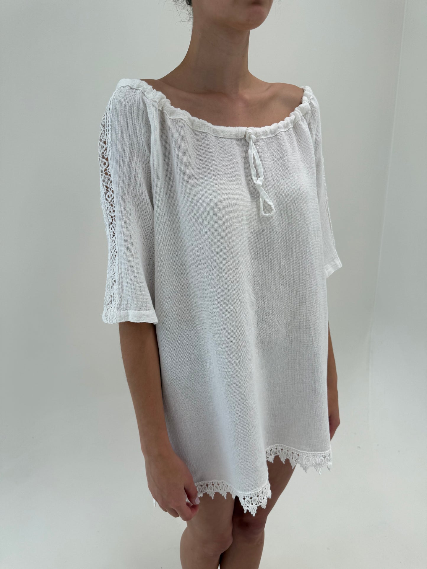 Tunica lunga/ rochie din pânză excepțională de in și bumbac cu inserții macrame
