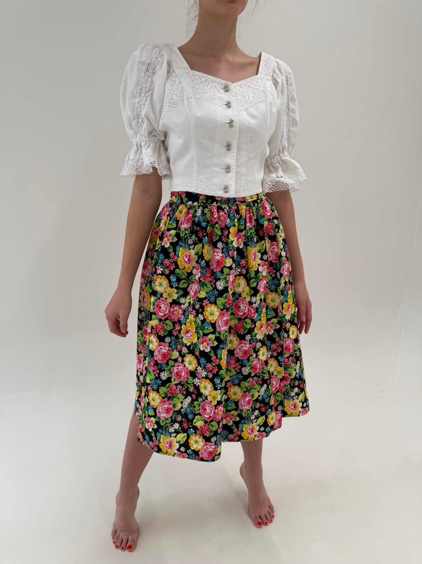 Fustă cu pent floral superb din pânză cu talie ultra înaltă elastică midi