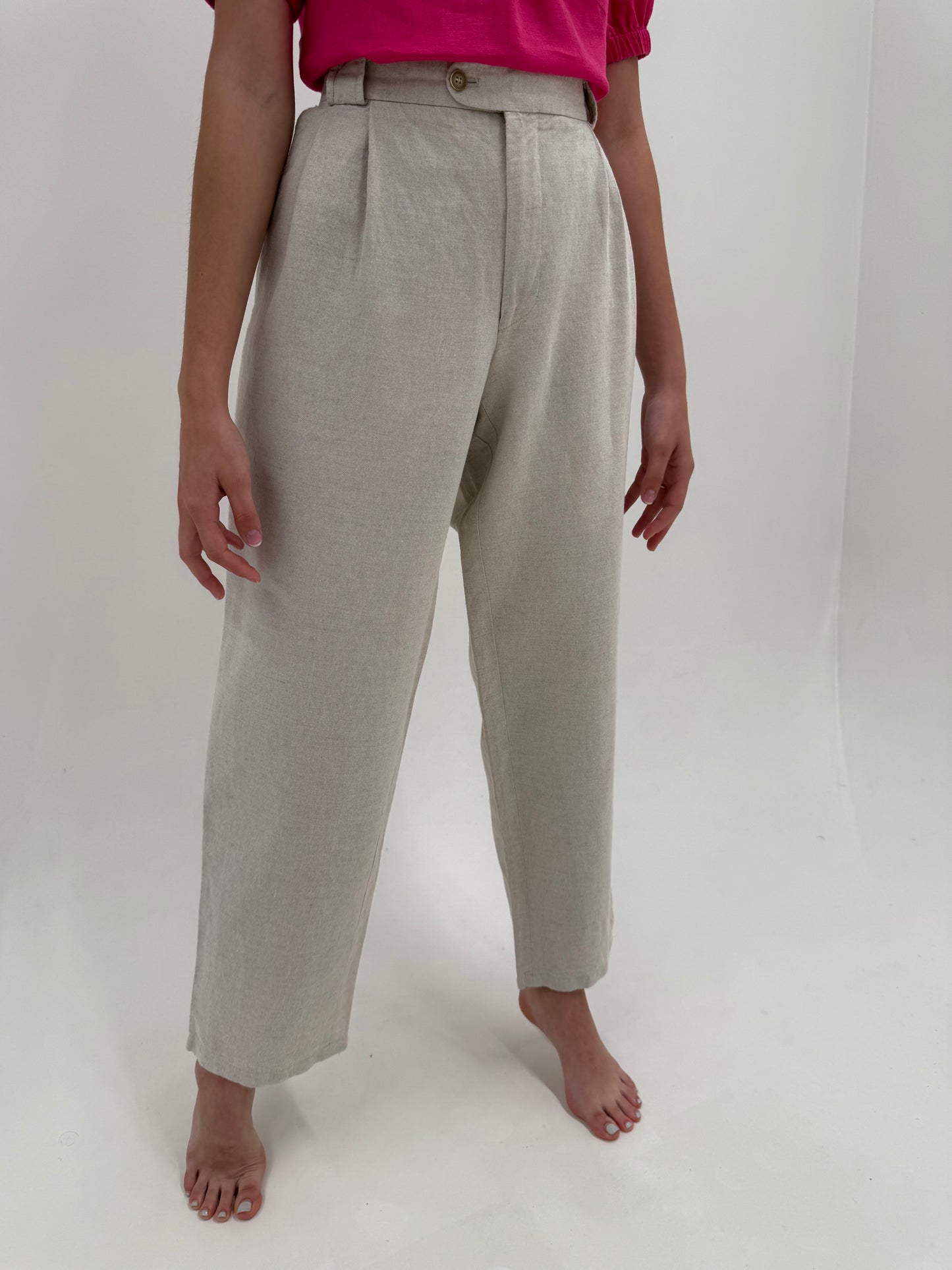 Pantaloni nude tall cu pense și talie ultra înaltă din pânză grea de in și bumbac