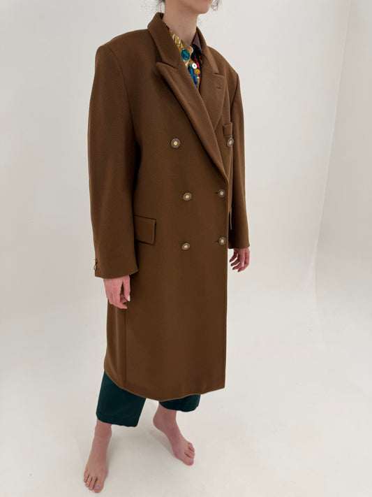 Palton caramel brown cu închidere dublă din stofă de lana extrafina