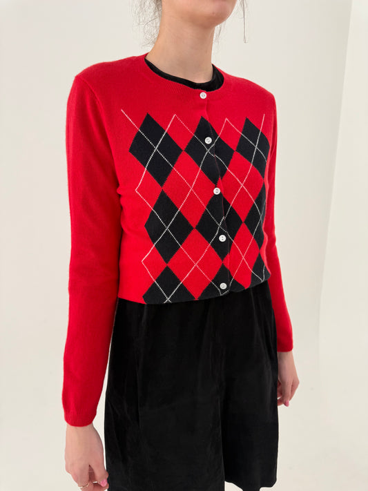 Cardigan în romburi din cașmir și combinație clasică de culori