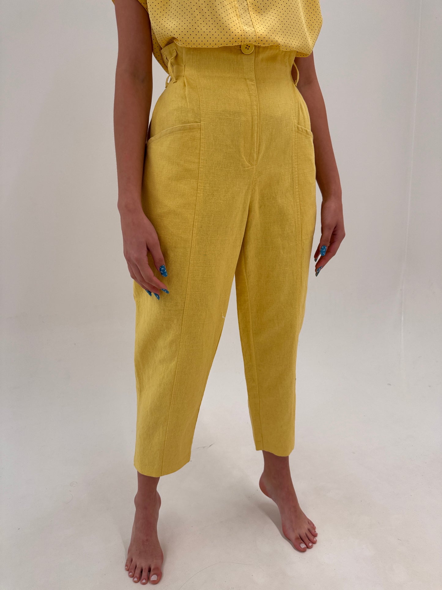 Pantaloni vintage din pânză excepțională de in și bumbac huttwr yellow