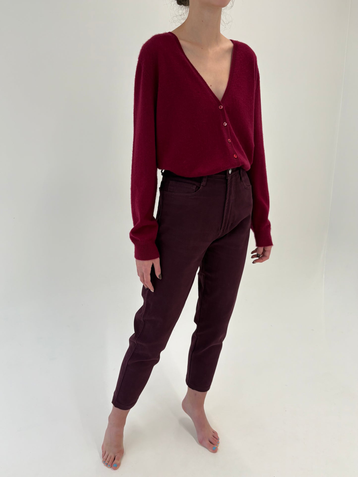 Jeans vintage burgundy cu talie ultra înaltă modelatori mom fit