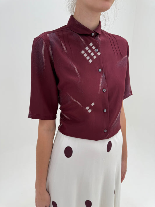 Cămașa vintage italiană din mătase naturală plum cu print geometric