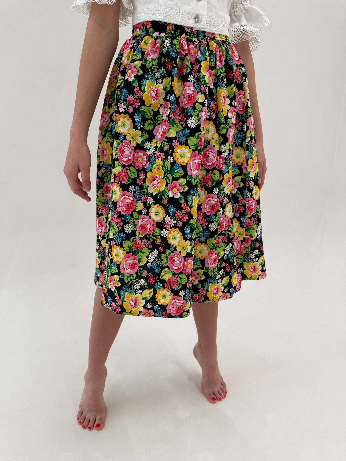 Fustă cu pent floral superb din pânză cu talie ultra înaltă elastică midi