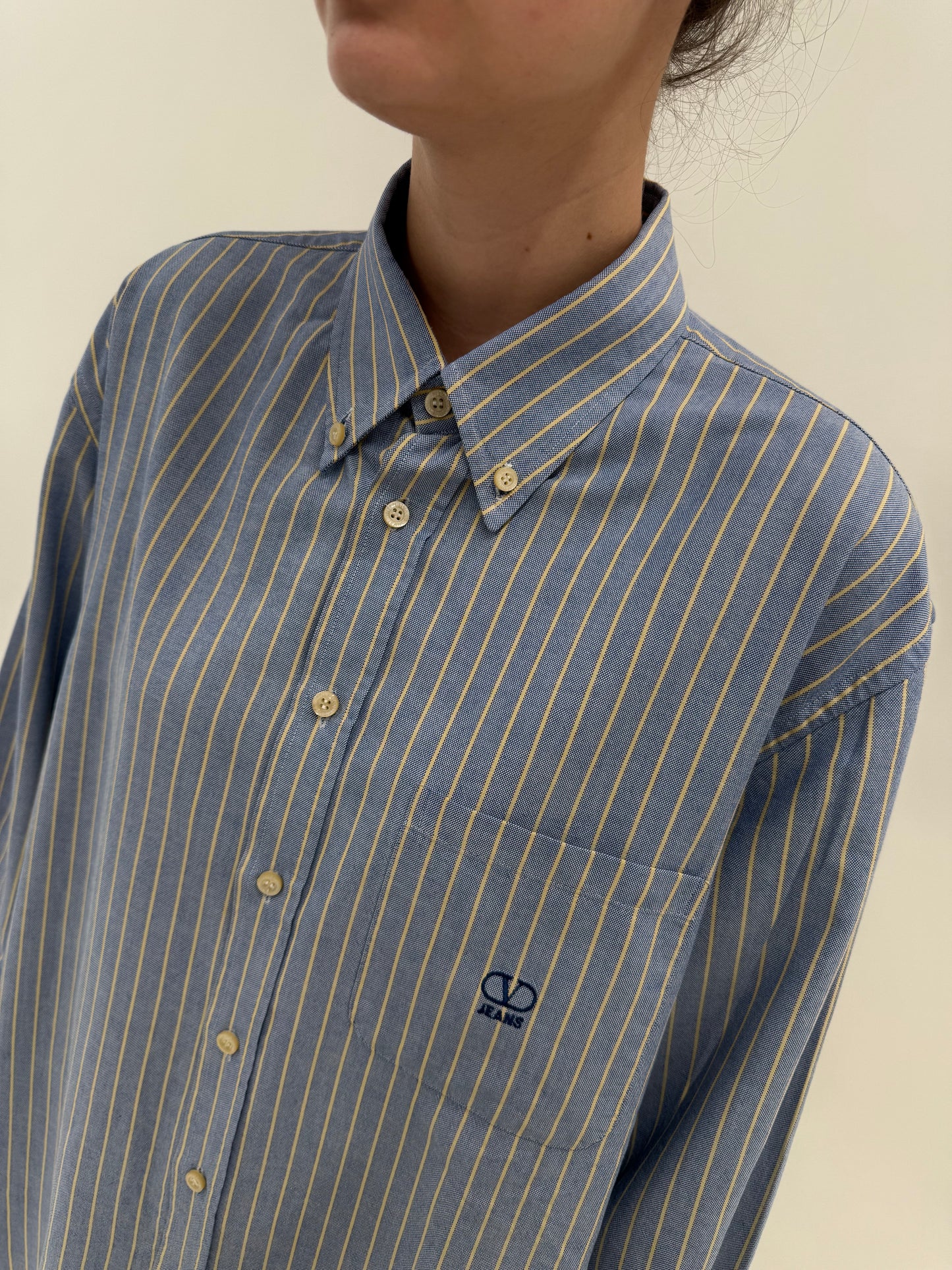 Cămașa Valentino baby blue în dungi fine butter yellow din poplin