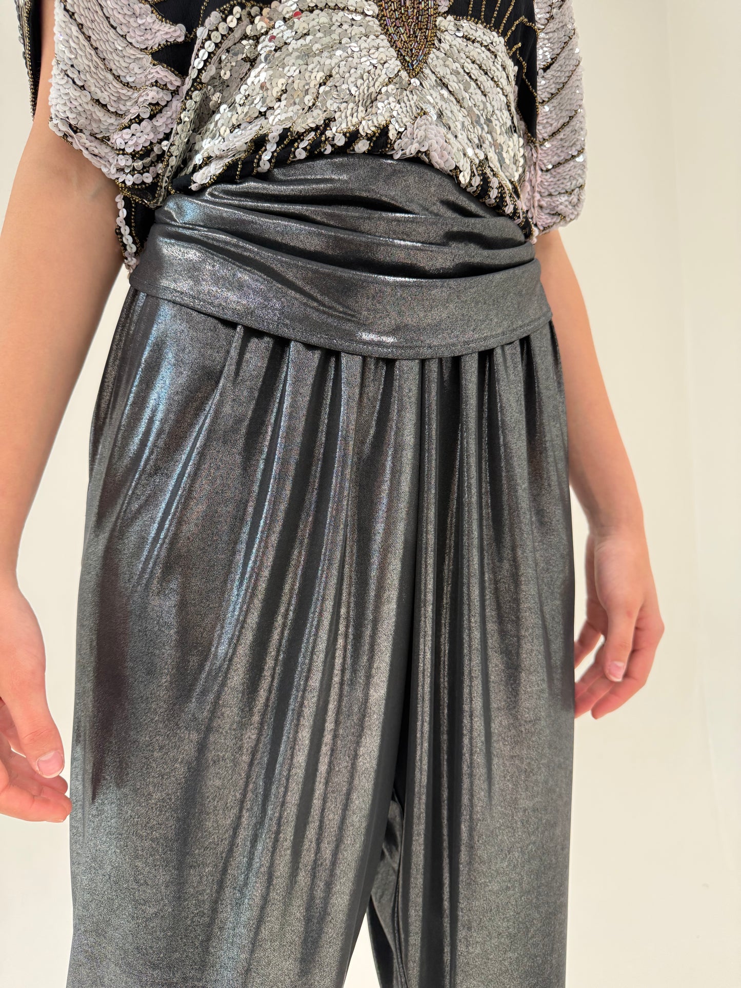 Pantaloni baloon din lame extrafin elastic ultra confort cu talie foarte înaltă