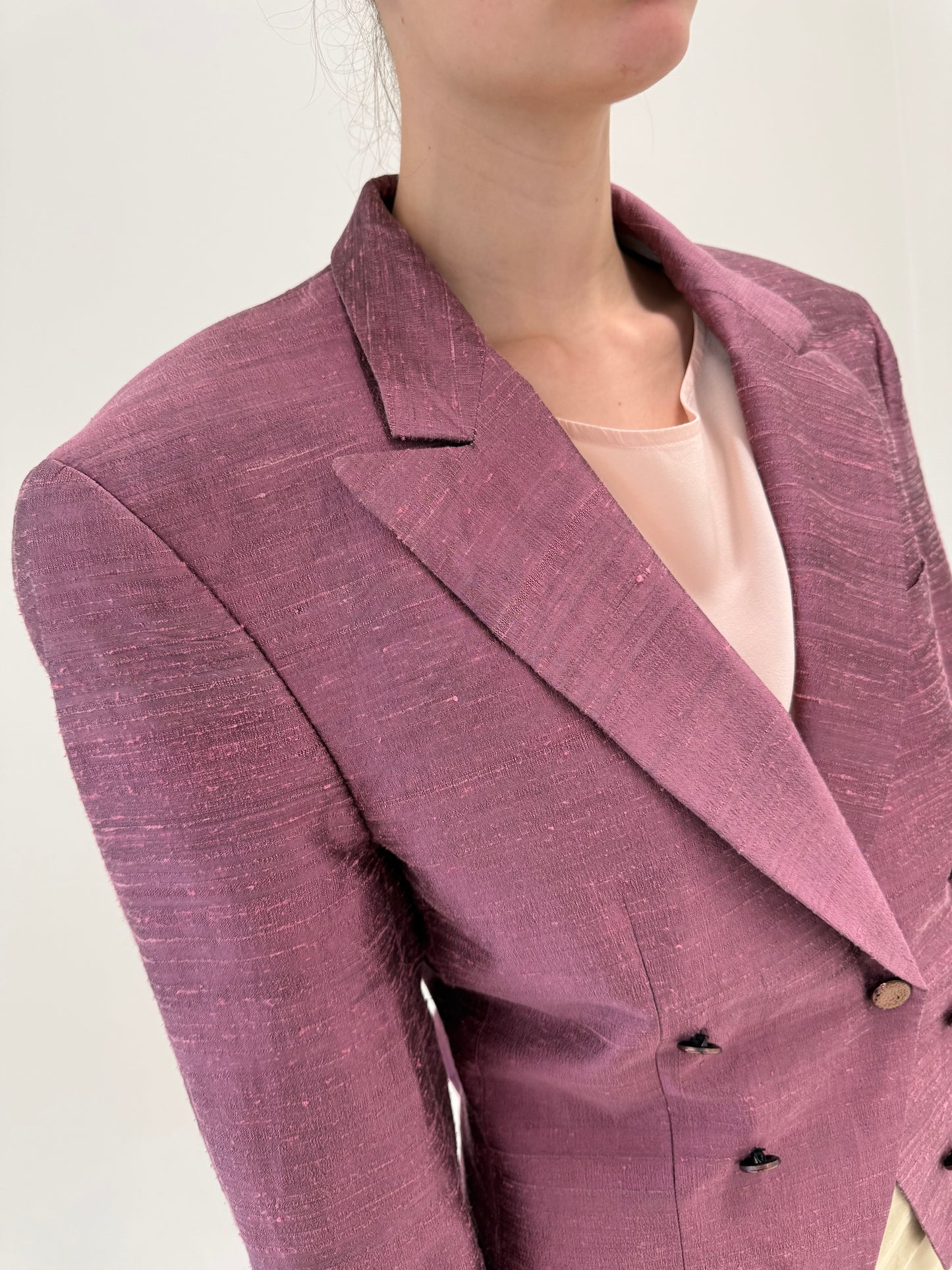 Sacou dusty pink din mătase naturală dupioni cu revere late