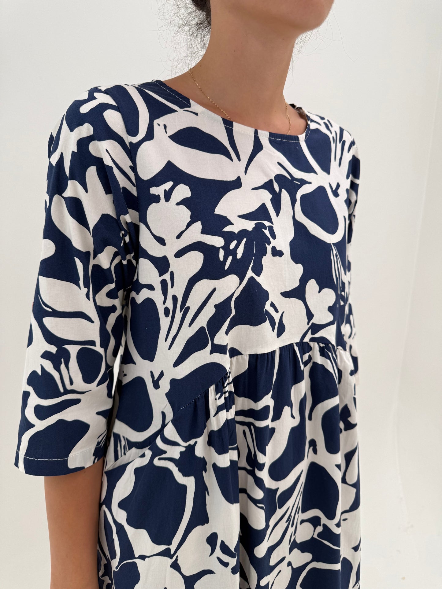 Rochie italiana în croi lejer din bumbac premium ultra confort cu print Navy