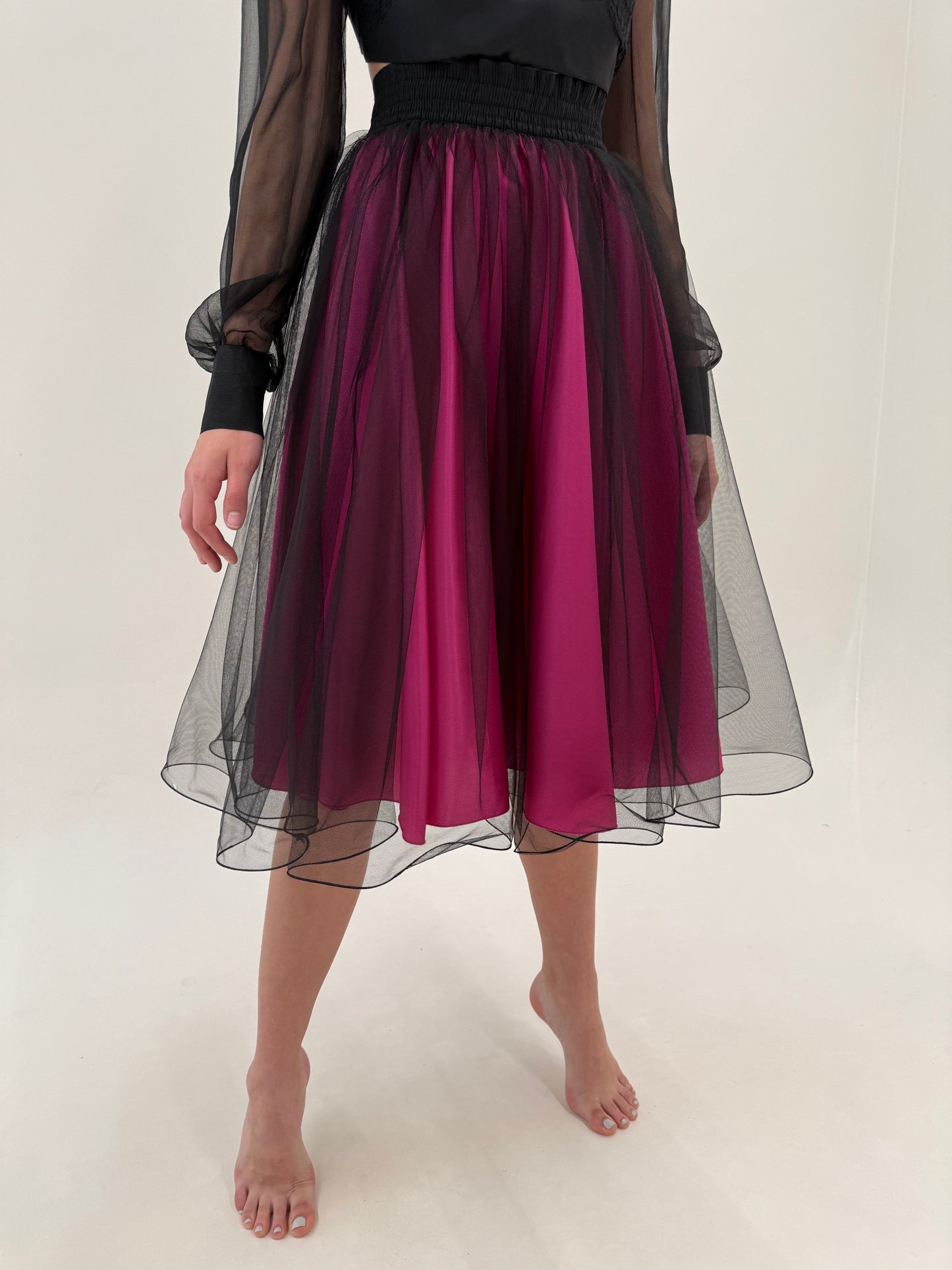 Fustă vintage de seară spectaculoasă cu interior fucsia și exterior din tulle moale