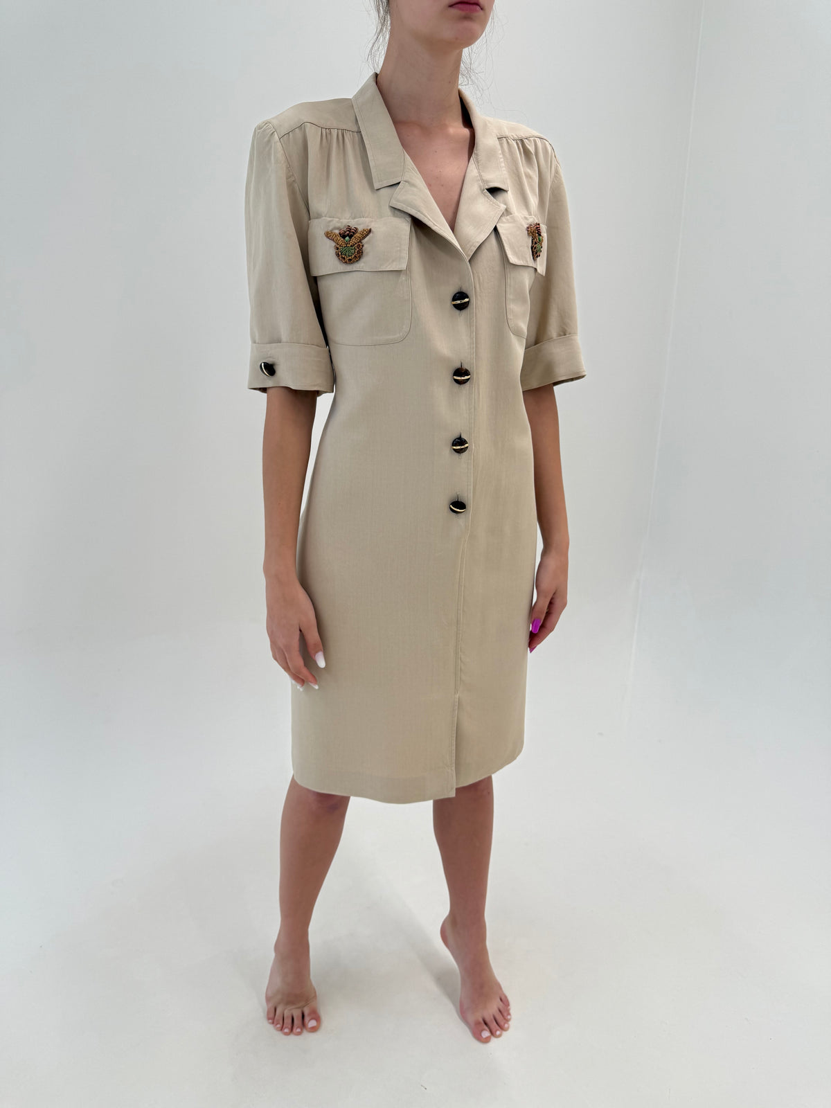 Rochie vintage de designer italian Safari din pânză de in cu aplicații manuale