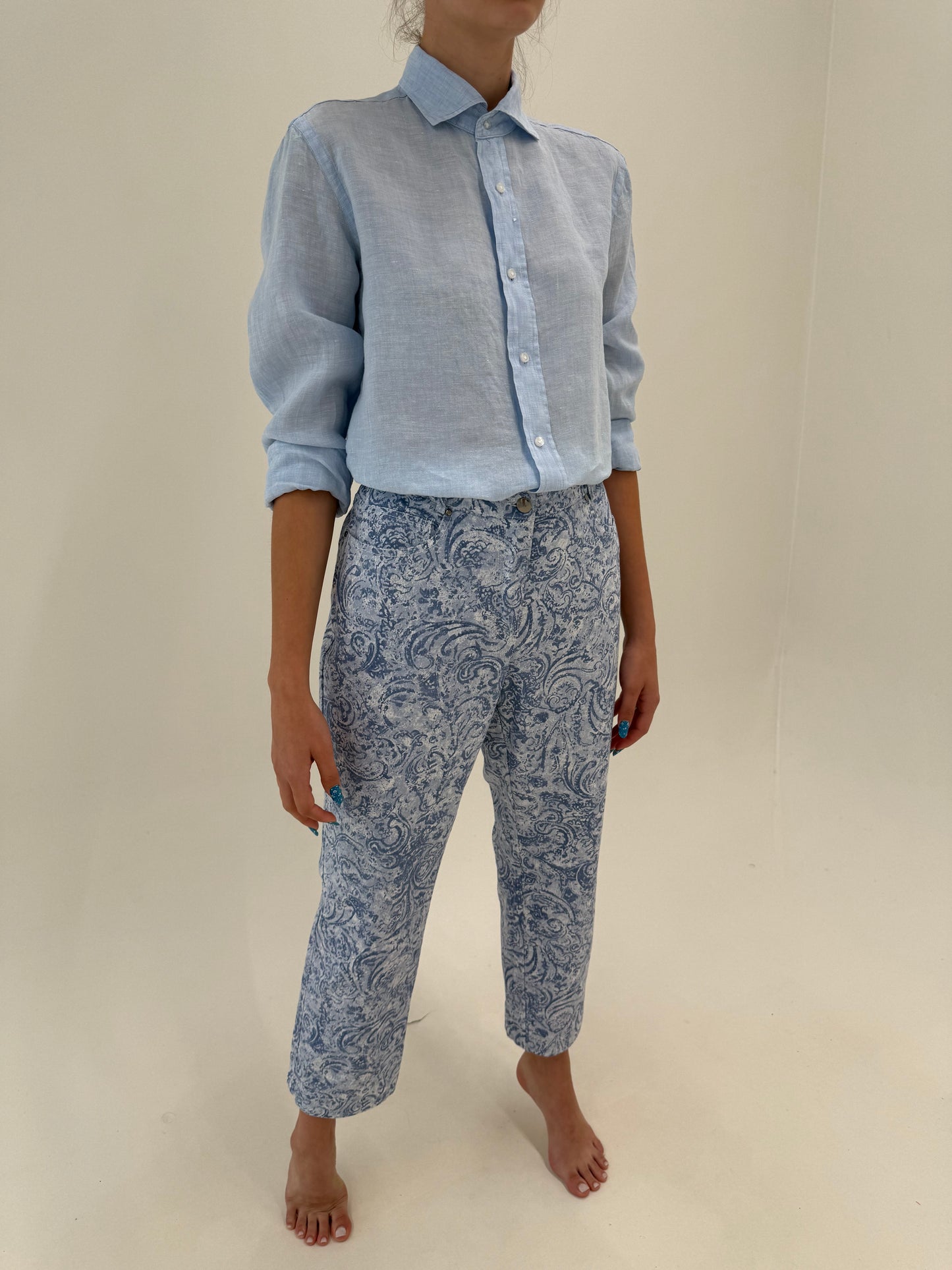 Pantaloni ultra confort din bumbac modelator cu print paisley baby blue
