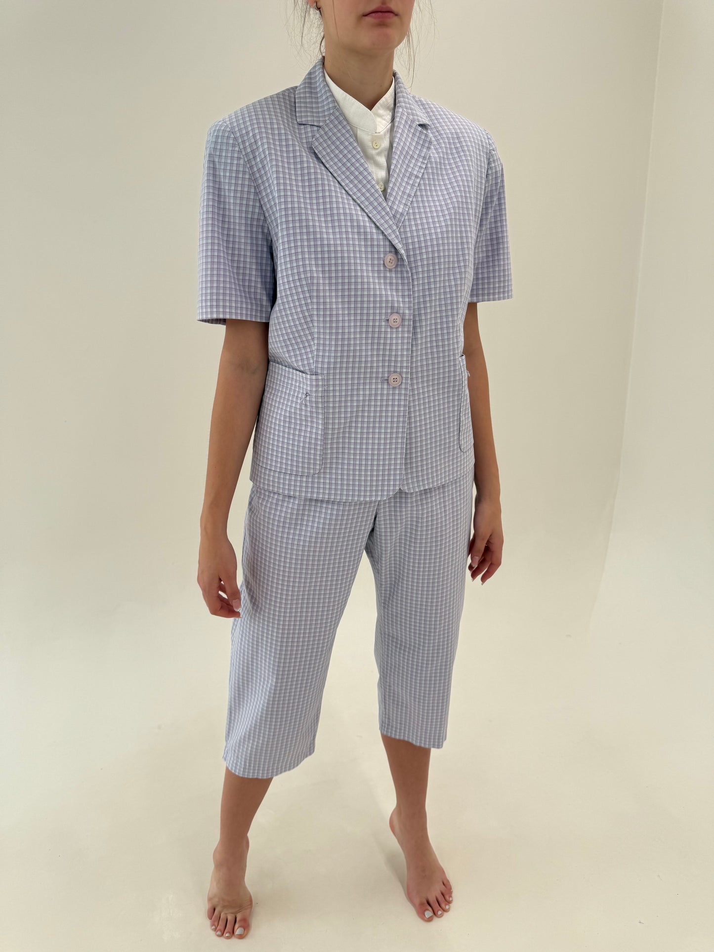 Costum vintage gingham lavandă din panzica de bumbac cu pantaloni capri super în trend