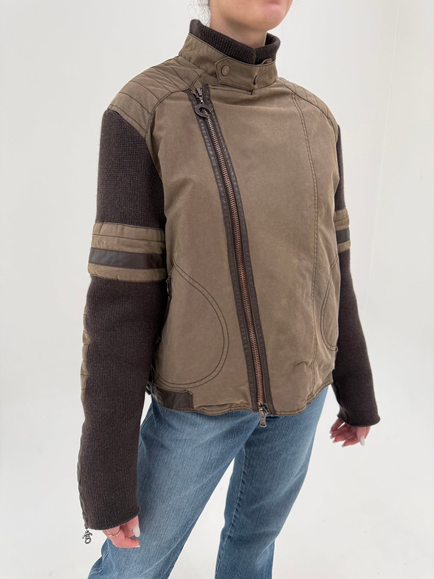 Bomber jacket vintage Roberto Cavalli tall din piele, bumbac și mâneci din lana