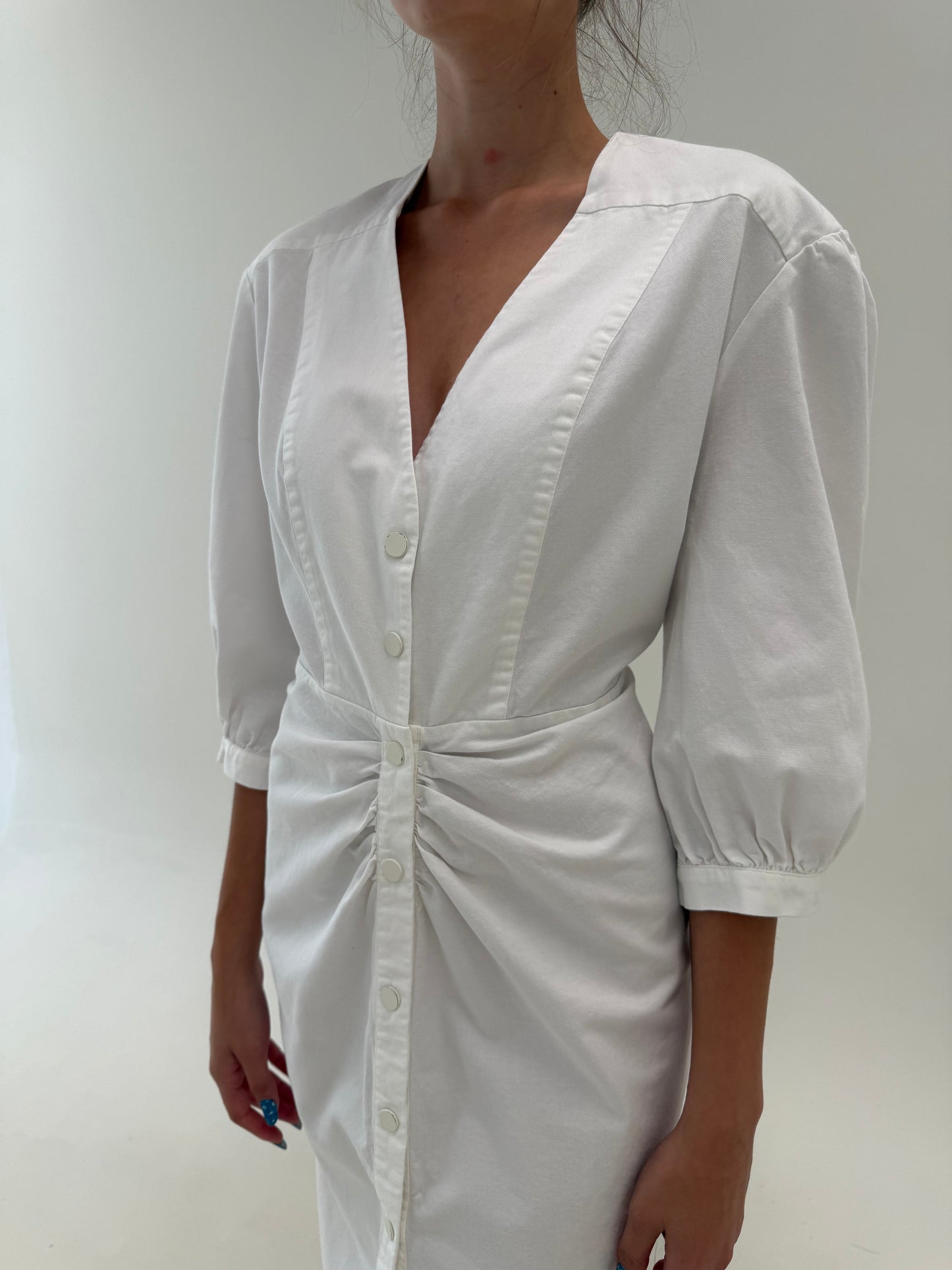 Rochie cu talie fronsata din canvas de bumbac cu mâneci ușor bufante