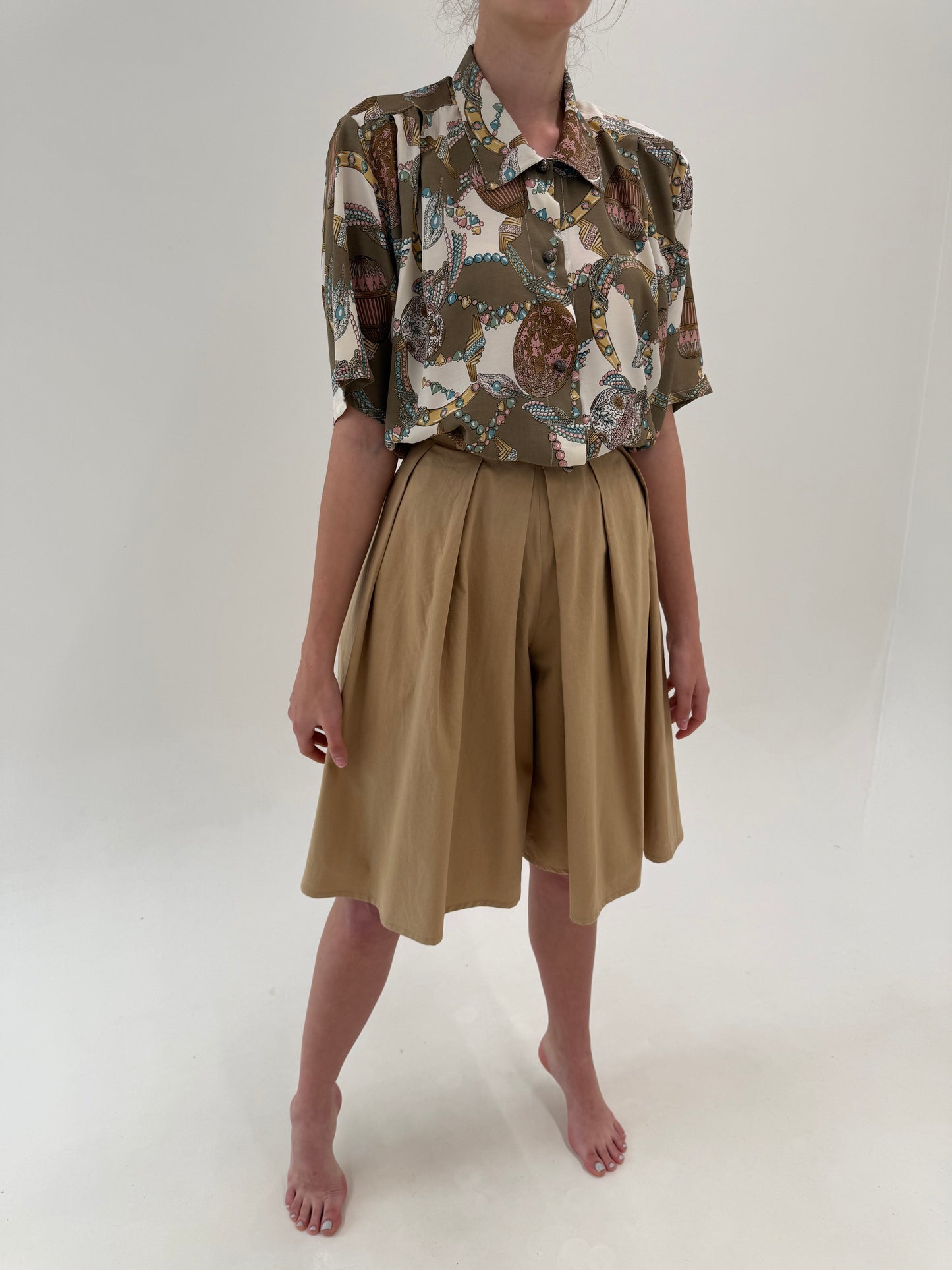Fustă pantaloni vintage camel din bumbac cu talie ultra înaltă