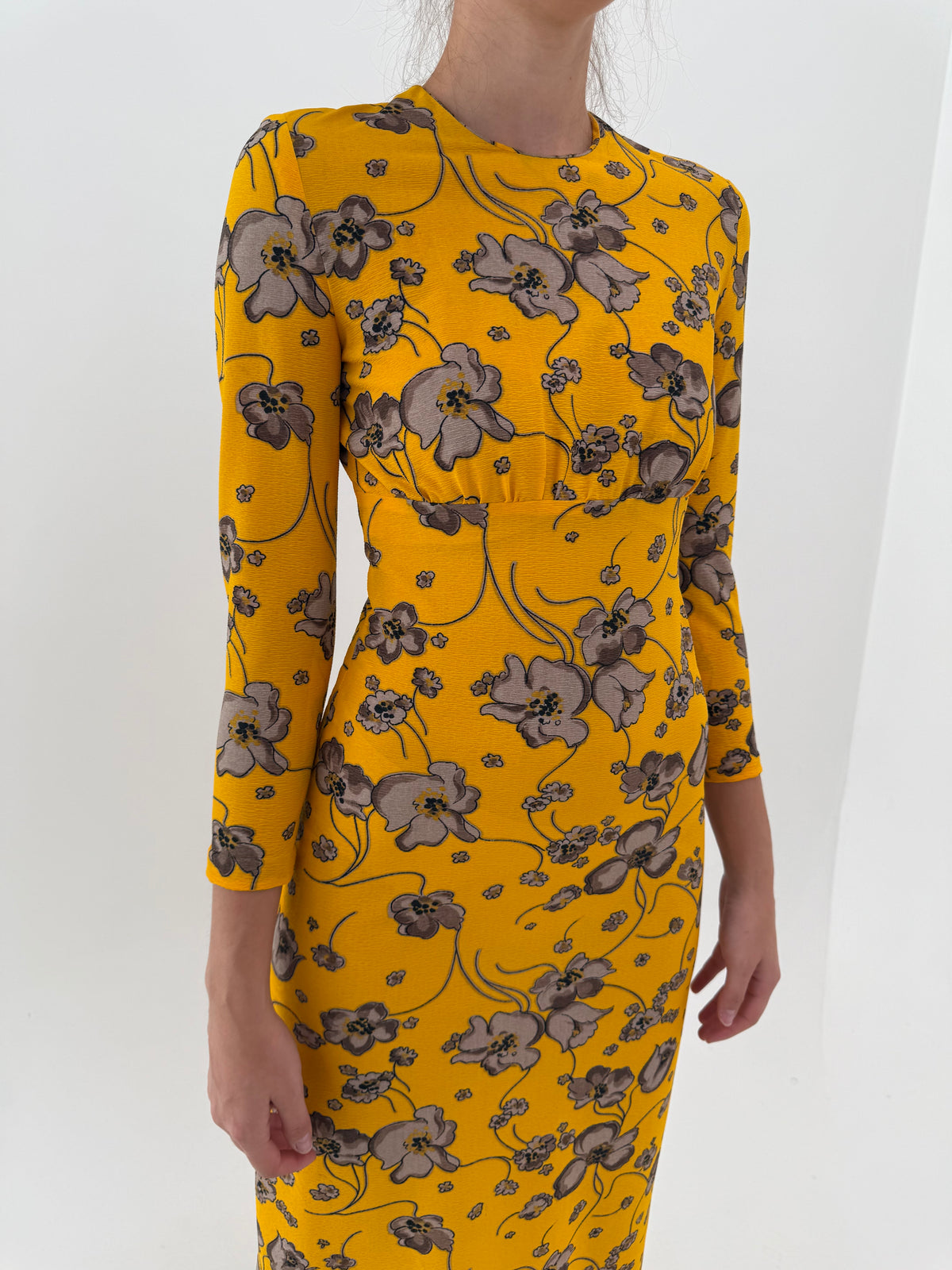 Rochie old vintage anii 70 din jerseu extrafina texturat excepțional saffron yellow