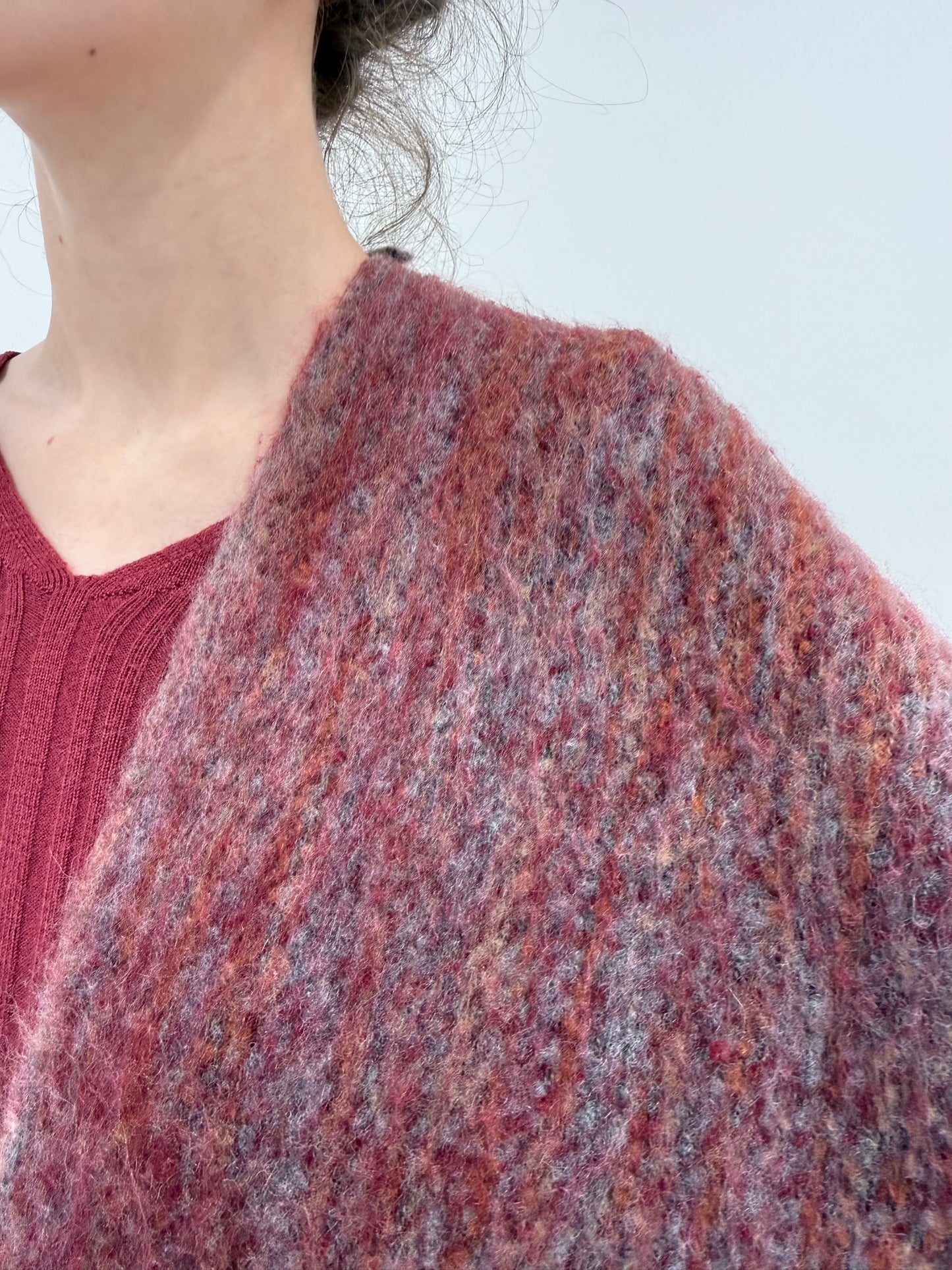 Fular XXXL din baby mohair extrem de fin burgundy și melanj cu baby blue