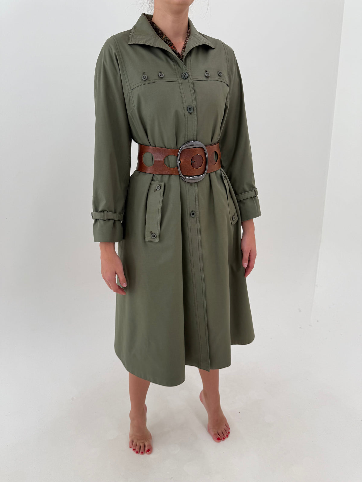 Trench vintage petite dark green cu interior din lana din gabardină impermeabilă