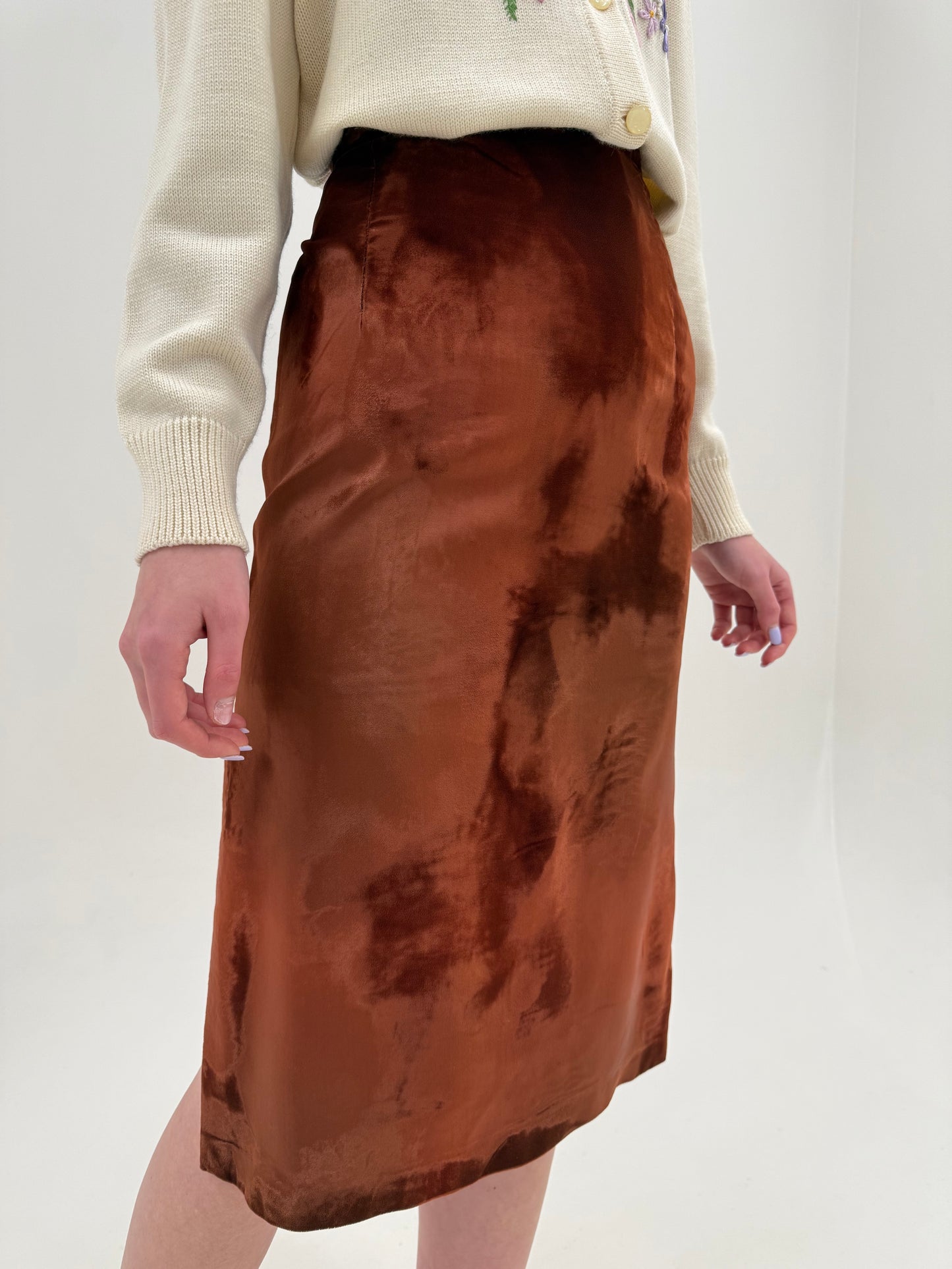 Fustă vintage din catifea caramel brown excepțională midi lung