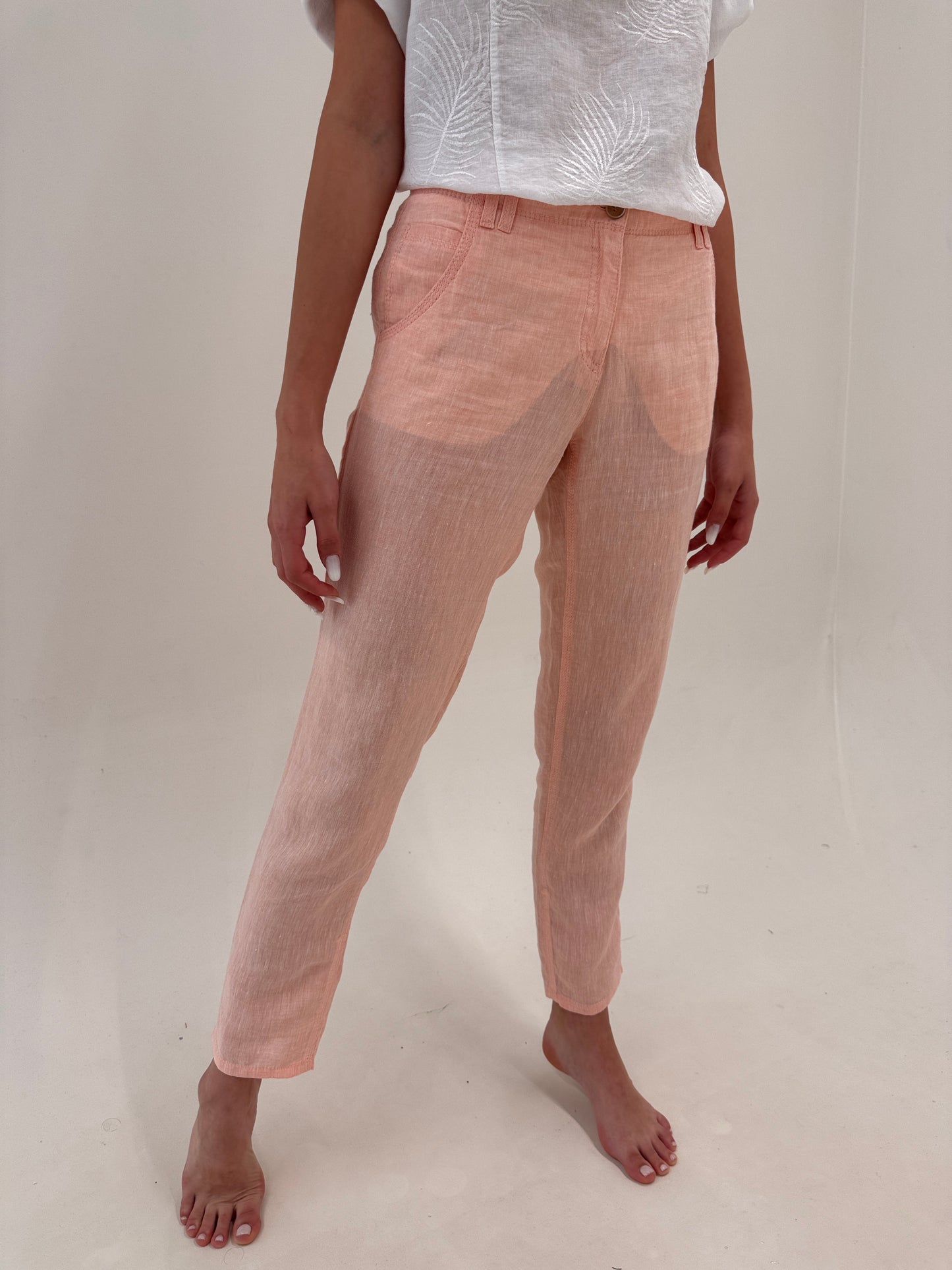 Pantaloni peach din in premium în croi clasic tall