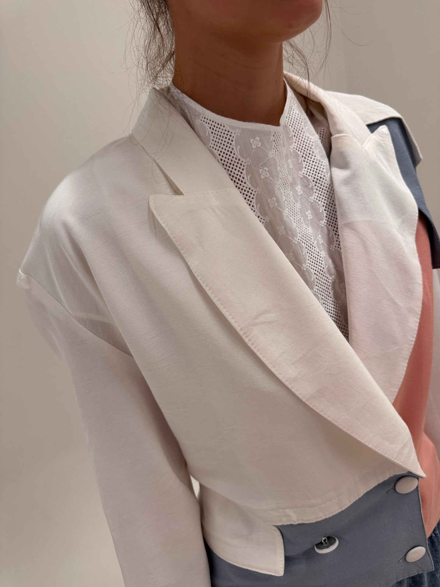 Sacou vintage din faille colorblock cu revere late reglabil la spate
