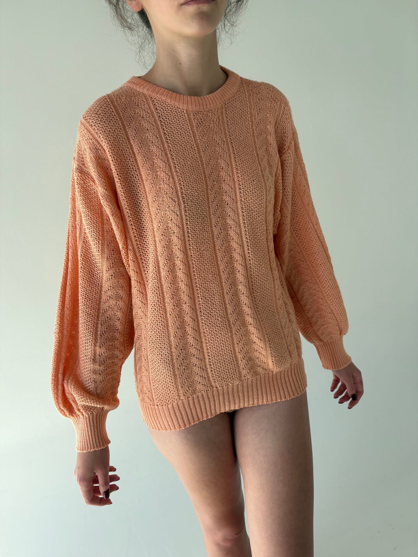 Bluză vintage din jerse salmon orange cu mâneci ample și manete înalte