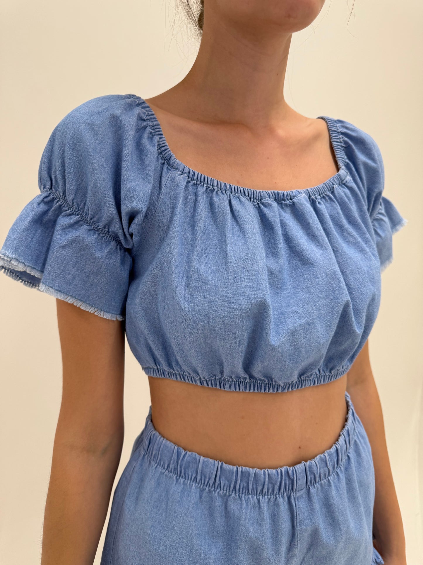 Set baby blue din pânză de bumbac cu pantaloni cu talie înaltă extrem de înaltă