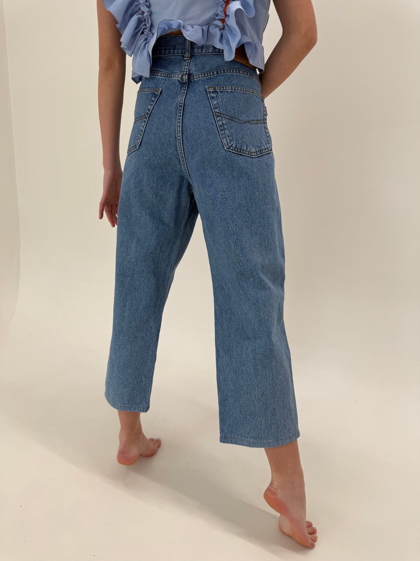 Jeans vintage premium petite mom fit classic wash cu talie înaltă