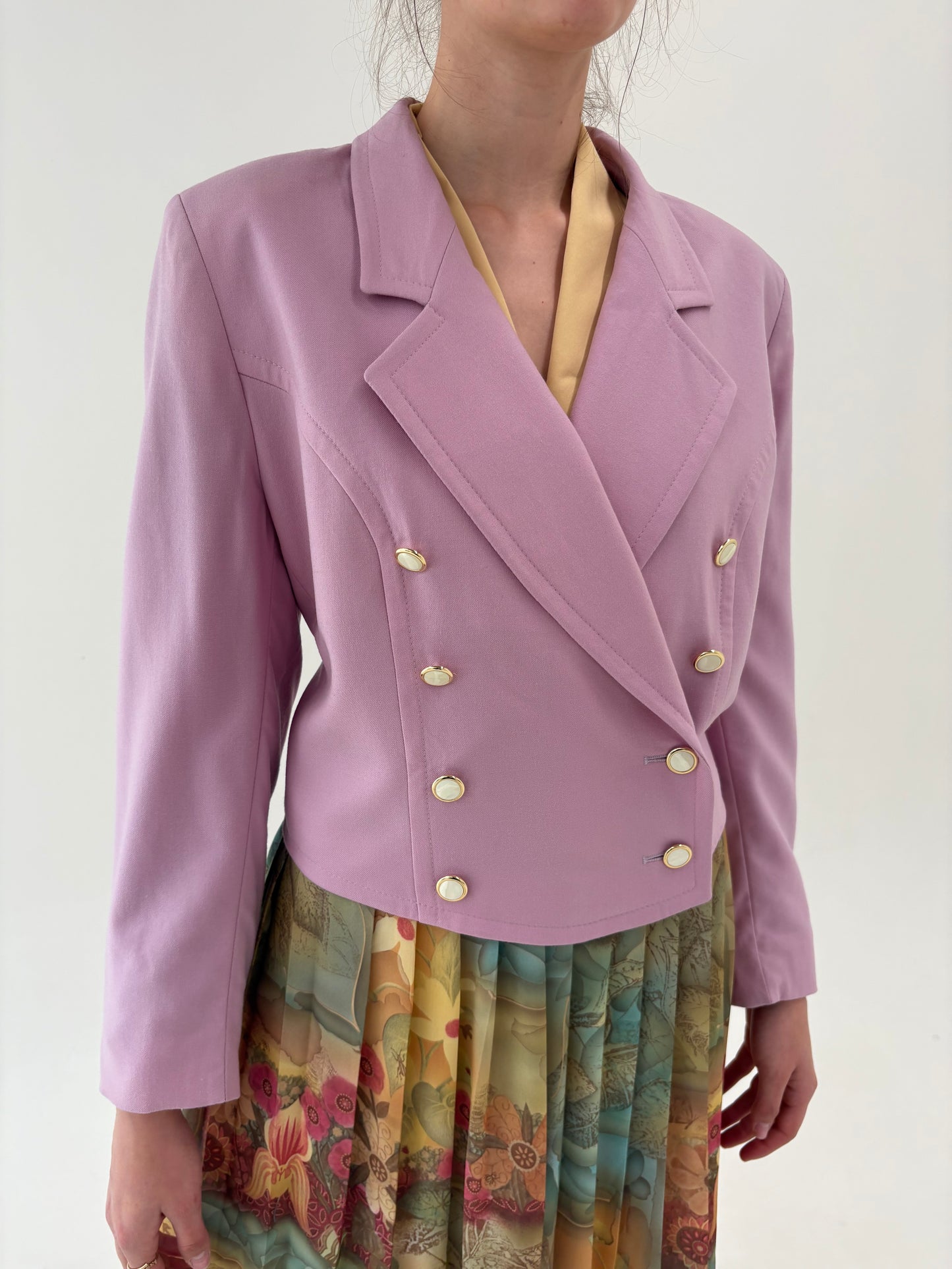 Sacou lavender pink vintage cu închidere dublă din stofita lightweight