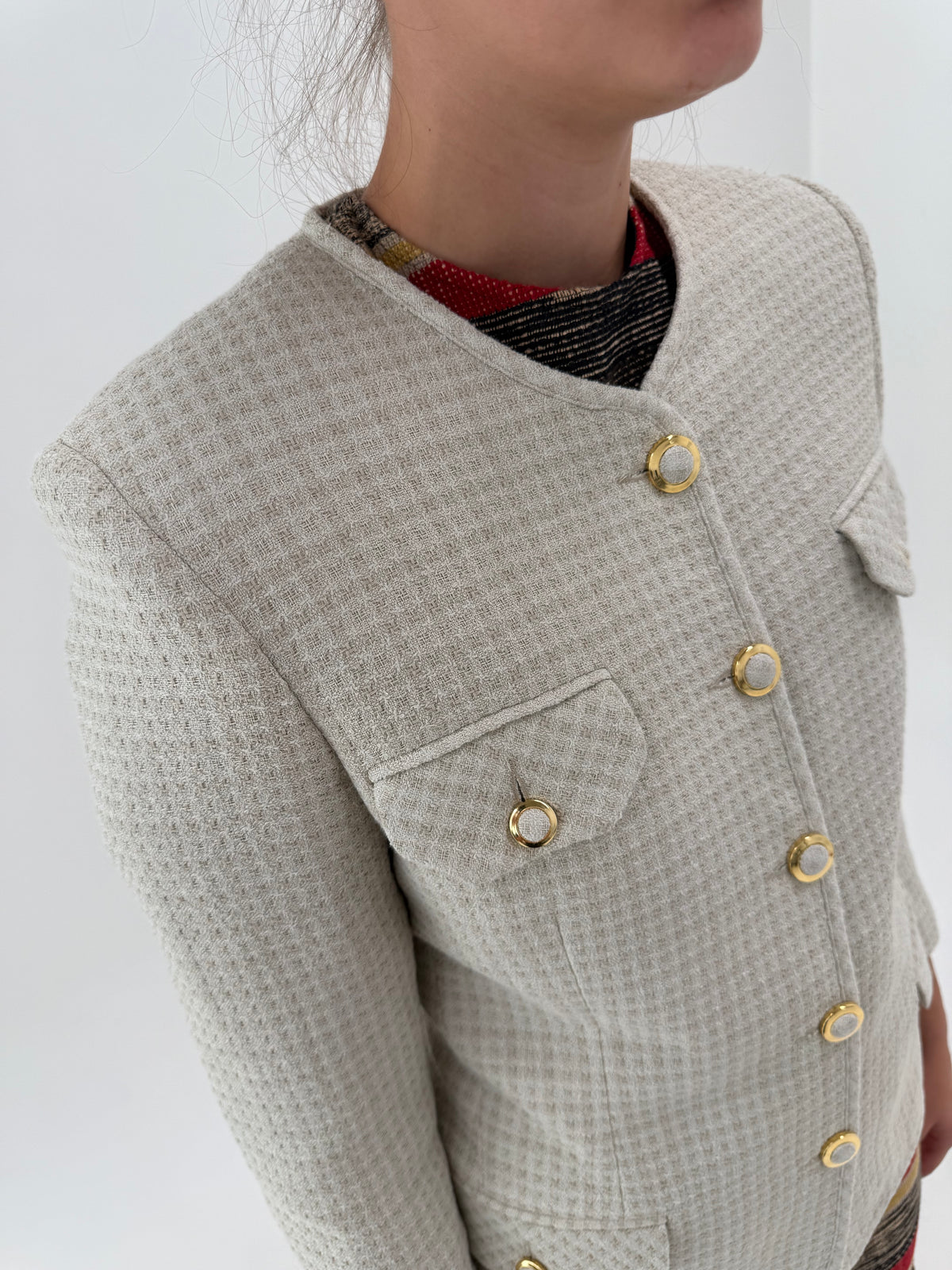 Sacou vintage italian în stil Chanel petite light nude din tweed excepțional de lana