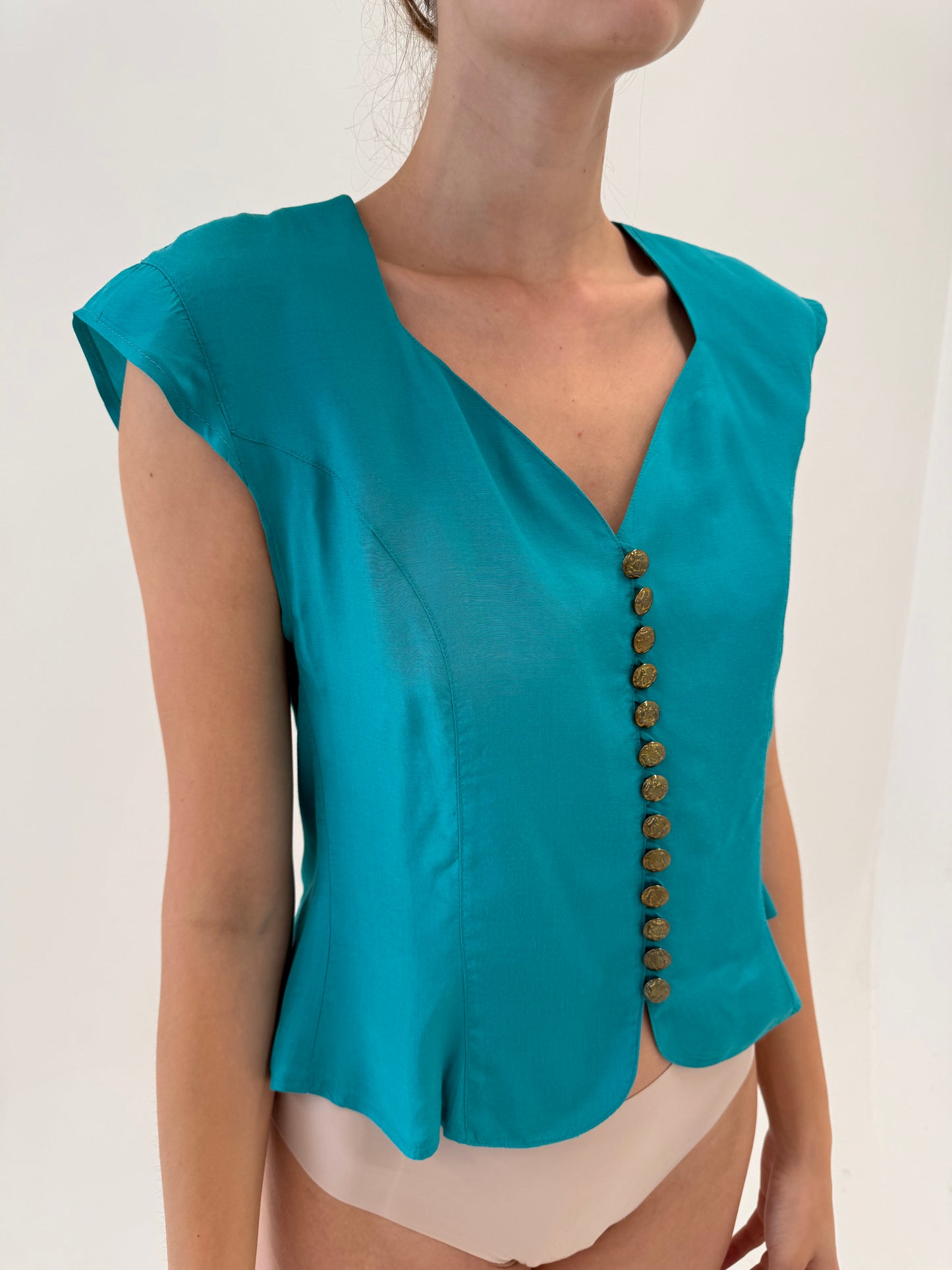 Corsaj vintage cambrat aqua green cu nasturi metalici bijterie și decolteu inimă