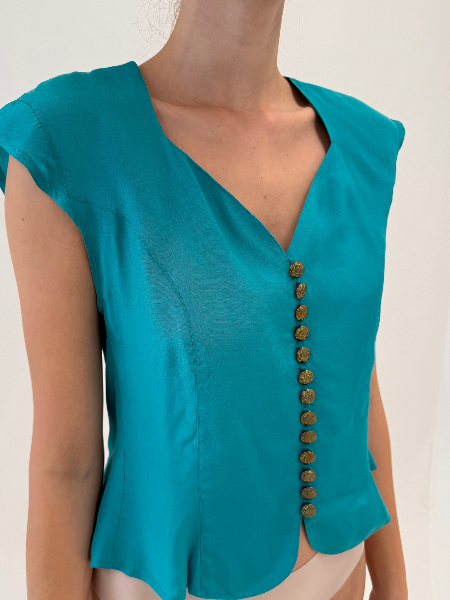 Corsaj vintage cambrat aqua green cu nasturi metalici bijterie și decolteu inimă