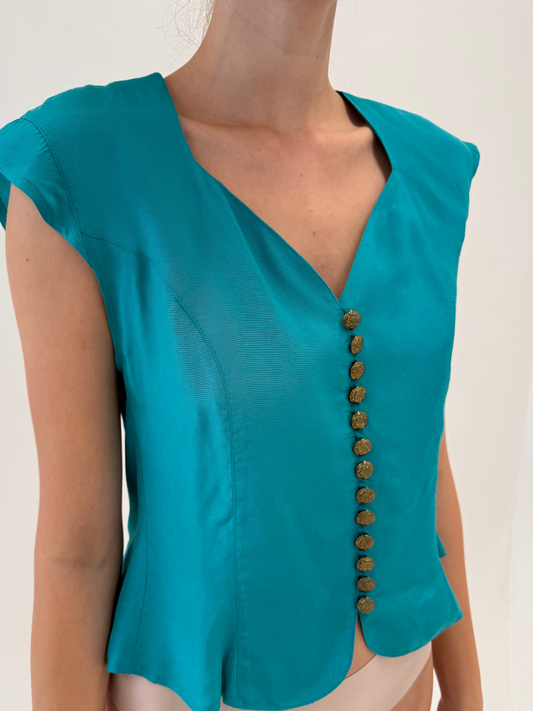 Corsaj vintage cambrat aqua green cu nasturi metalici bijterie și decolteu inimă