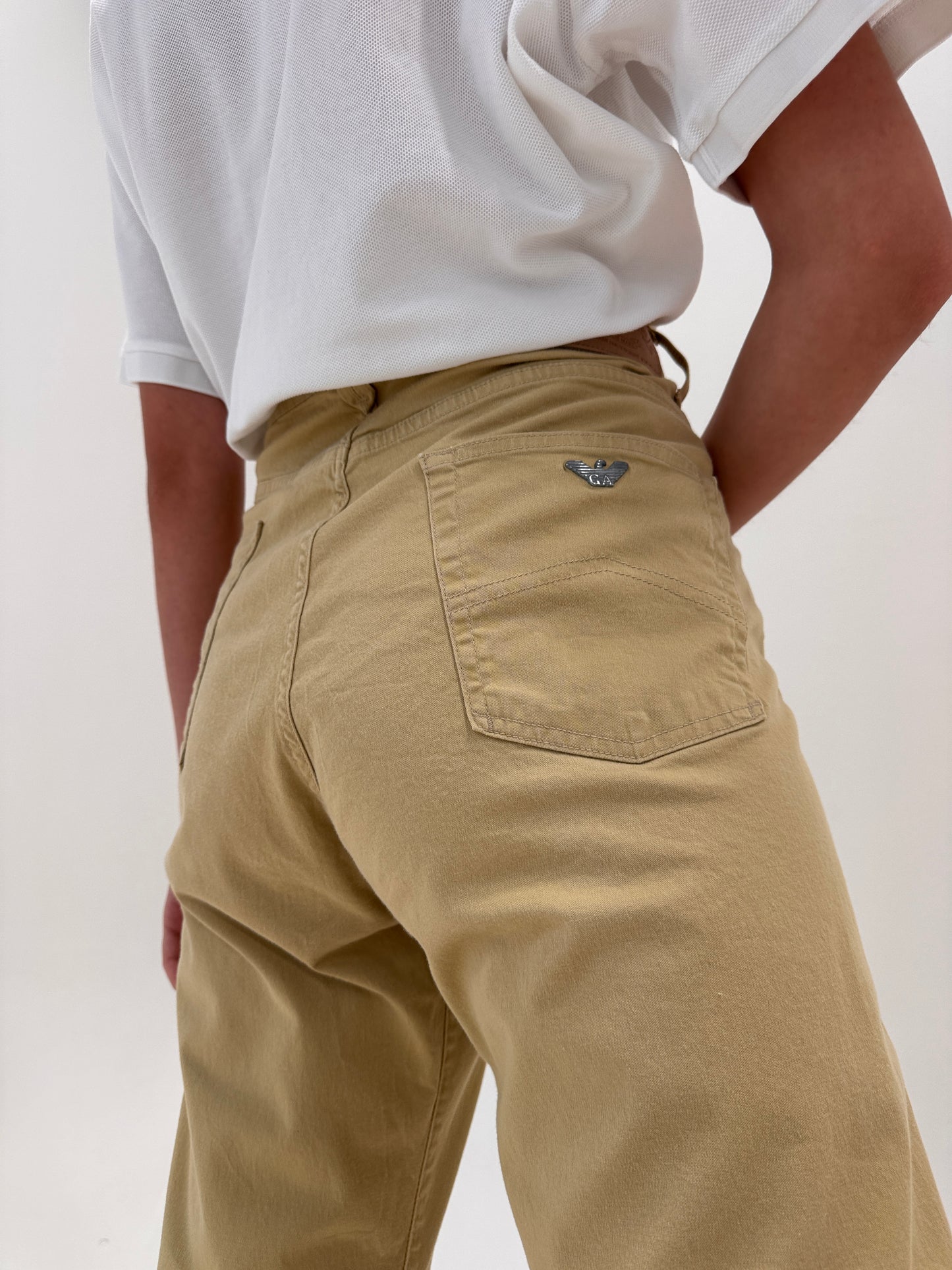 Pantaloni Armani camel tall fin bumbac excepțional ultra confort straight leg