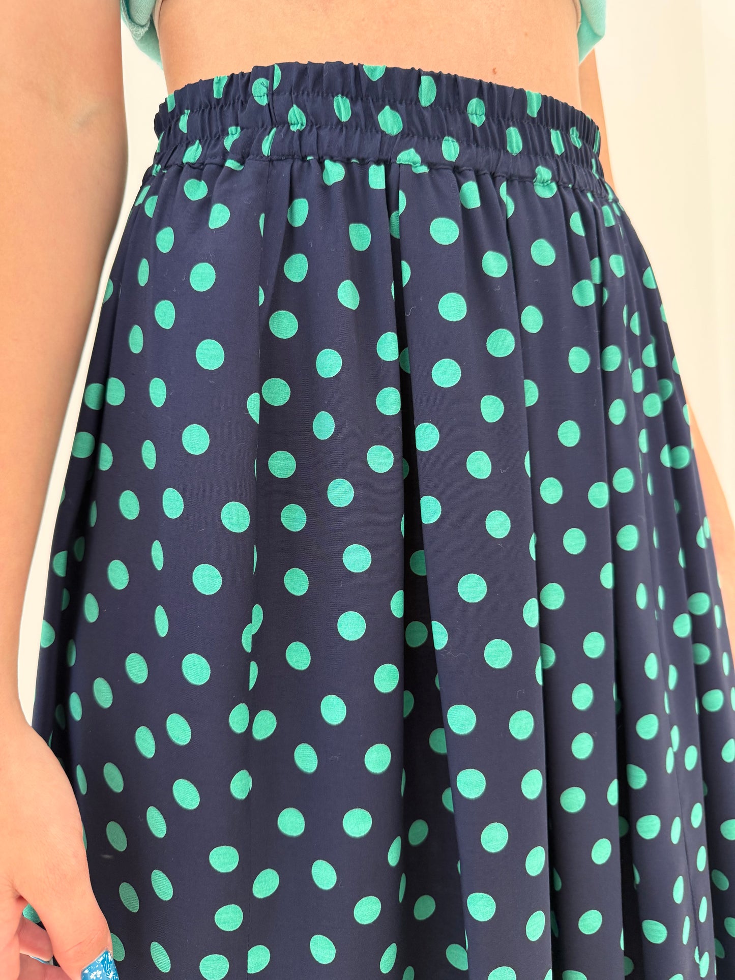 Fustă vintage midi Navy cu buline aqua și talie elastică ultra înaltă