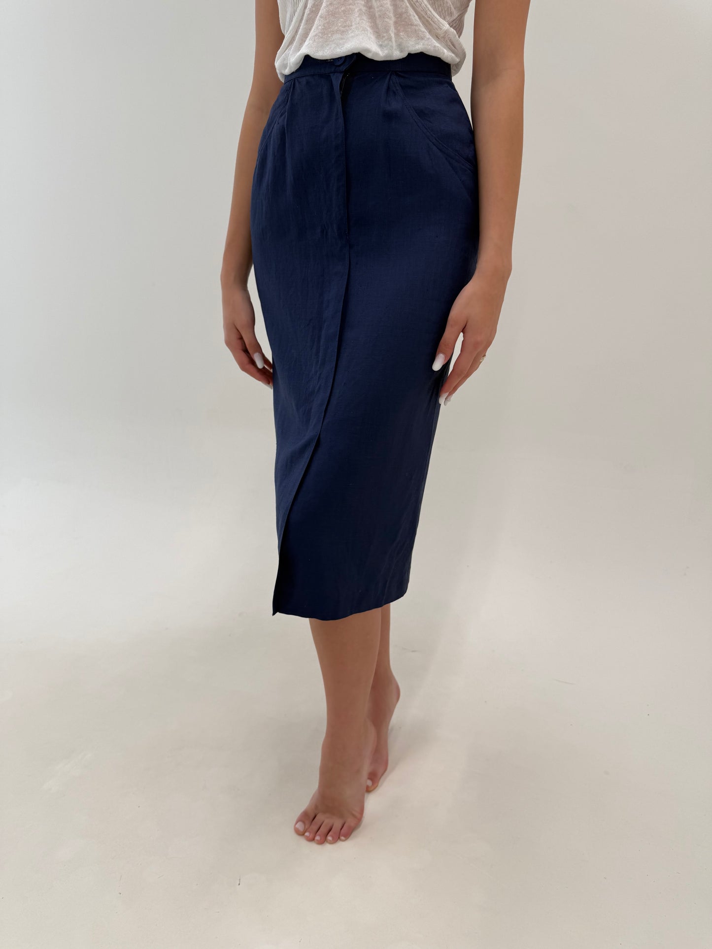 Fustă creion midi spre maxi Navy din pânză excepțională de in cu buzunare