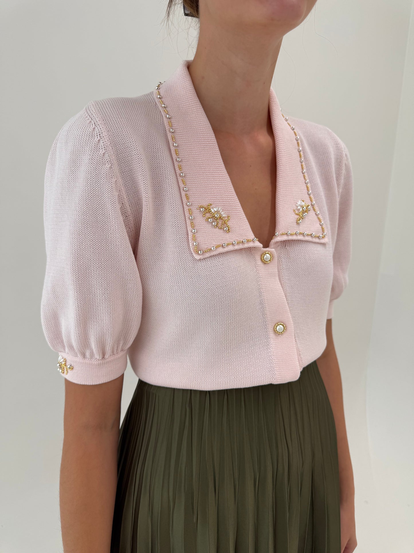 Top vintage polo din bumbac mercerizat powder Pink cu aplicații manuale