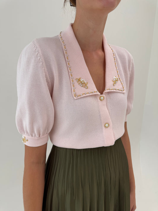 Top vintage polo din bumbac mercerizat powder Pink cu aplicații manuale