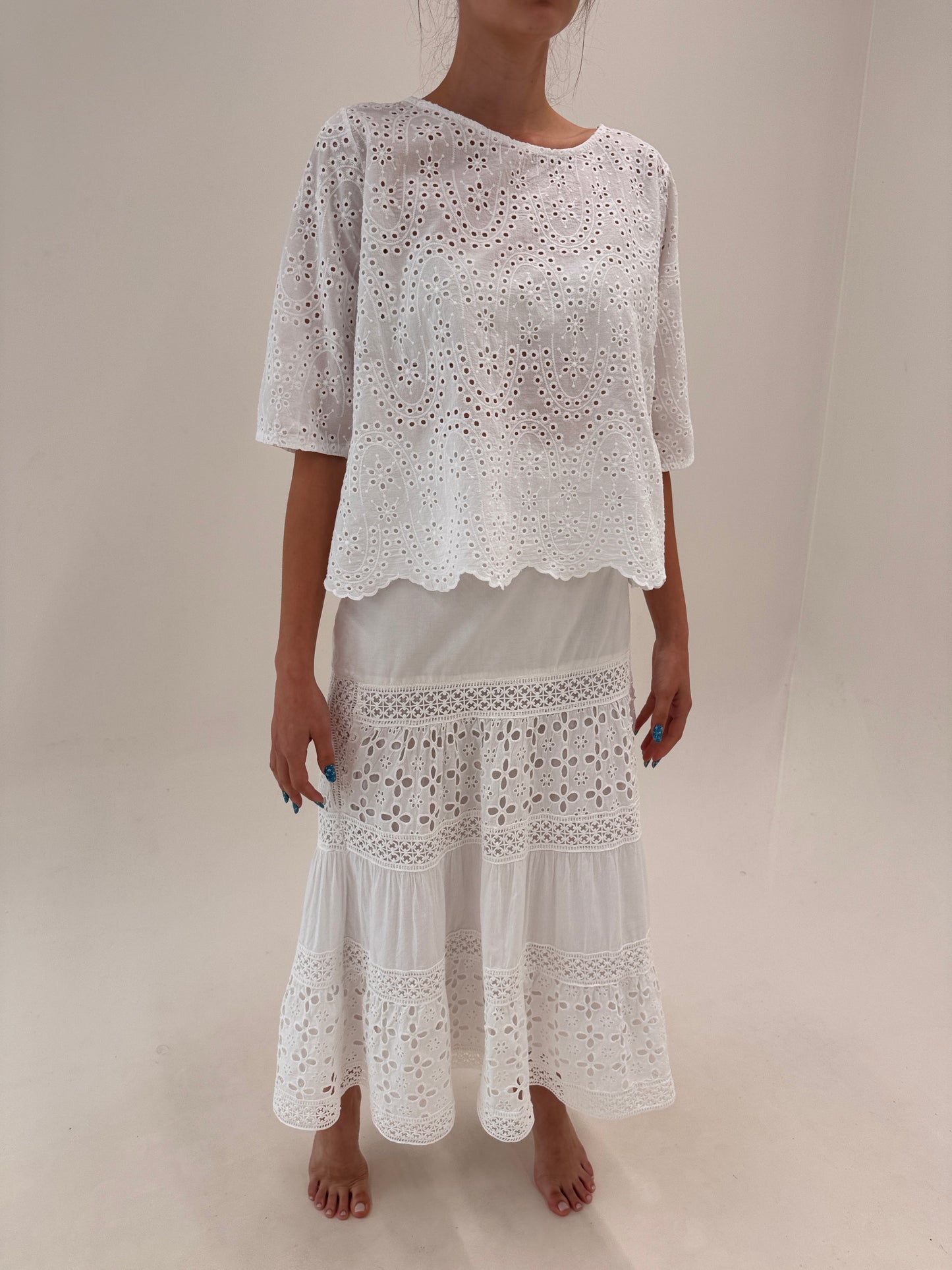Fustă maxi ultra confort cu inserții de macrame și broderie anglaise din bumbac premium