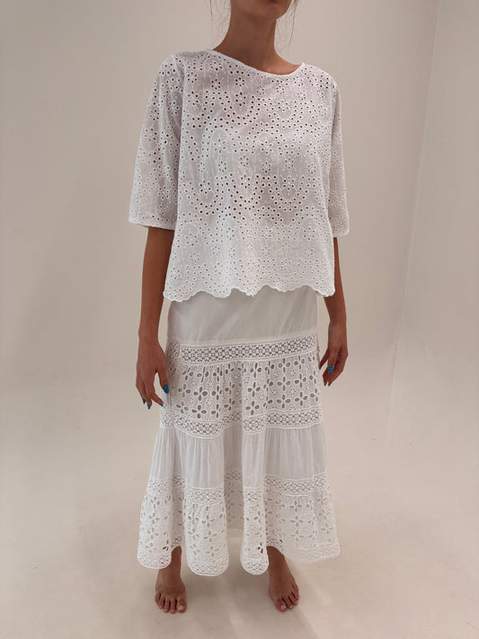 Fustă maxi ultra confort cu inserții de macrame și broderie anglaise din bumbac premium