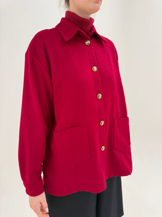 Jacheta/ overshirt din 100% cașmir rasberry red cu nasturi metalici aurii